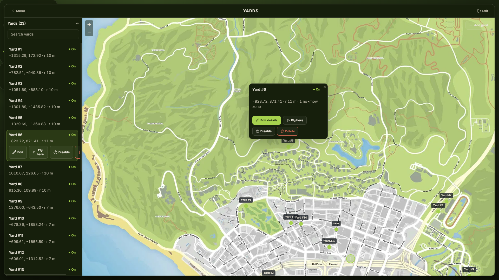 Yard selected on the map